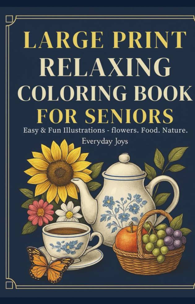Large Print Relaxing Coloring Book for Seniors: 50 Easy & Fun Illustrations of Flowers, Food & Nature to Soothe Your Mind